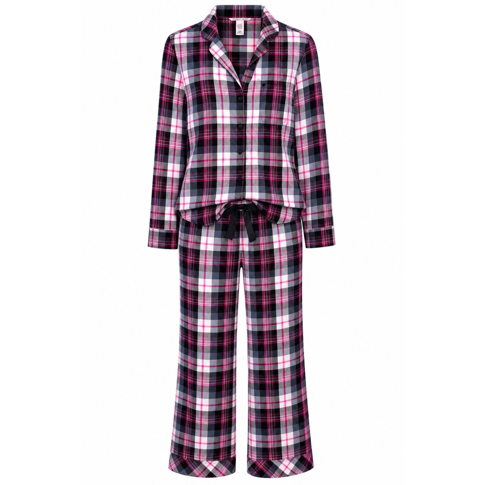 Victoria's Secret Pink Plaid Pajama Set Sz M Long Sleeve Drawstring Pants Lurex